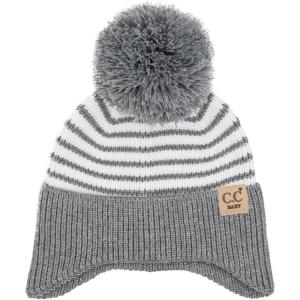 imageCC Baby Double Fur Pom Pom Beanie with Ear Flap for Boys Girls  Comfortable Soft Warm Infant Toddler Baby Knit Skully HatStripes  Grey