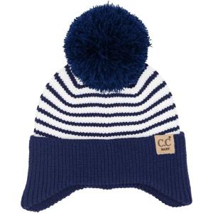 imageCC Baby Double Fur Pom Pom Beanie with Ear Flap for Boys Girls  Comfortable Soft Warm Infant Toddler Baby Knit Skully HatStripes  Navy