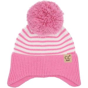imageCC Baby Double Fur Pom Pom Beanie with Ear Flap for Boys Girls  Comfortable Soft Warm Infant Toddler Baby Knit Skully HatStripes  Pink