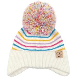 imageCC Baby Double Fur Pom Pom Beanie with Ear Flap for Boys Girls  Comfortable Soft Warm Infant Toddler Baby Knit Skully HatStripes  Unicorn