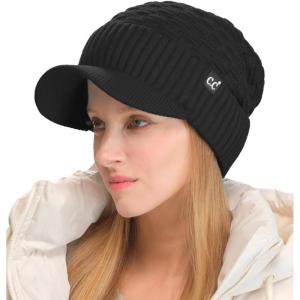 imageCC Beanie Fuzzy Fleece Lining Warm Oversized Chunky Soft Stretchy Ribbed Slouchy Knit Hat with Visor BrimBlack