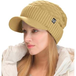 imageCC Beanie Fuzzy Fleece Lining Warm Oversized Chunky Soft Stretchy Ribbed Slouchy Knit Hat with Visor BrimCamel