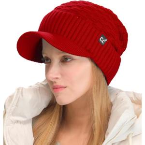 imageCC Beanie Fuzzy Fleece Lining Warm Oversized Chunky Soft Stretchy Ribbed Slouchy Knit Hat with Visor BrimDark Red
