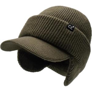 imageCC Beanie Strechy Snug Fit Soft Knit Hat with Visor Brim ampamp Ear Warmer FlapsArmy Green