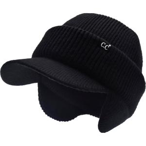 imageCC Beanie Strechy Snug Fit Soft Knit Hat with Visor Brim ampamp Ear Warmer FlapsBlack