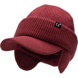 imageCC Beanie Strechy Snug Fit Soft Knit Hat with Visor Brim ampamp Ear Warmer FlapsDeep Cherry Red