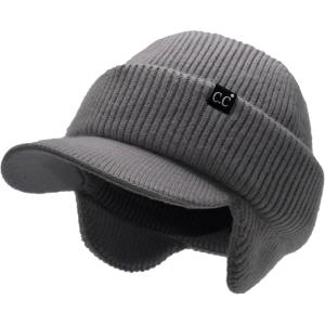 imageCC Beanie Strechy Snug Fit Soft Knit Hat with Visor Brim ampamp Ear Warmer FlapsHeather Grey