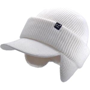 imageCC Beanie Strechy Snug Fit Soft Knit Hat with Visor Brim ampamp Ear Warmer FlapsIvory  Off White