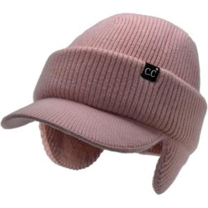 imageCC Beanie Strechy Snug Fit Soft Knit Hat with Visor Brim ampamp Ear Warmer FlapsLight Pink