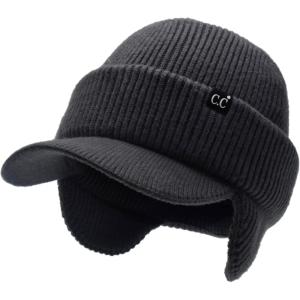 imageCC Beanie Strechy Snug Fit Soft Knit Hat with Visor Brim ampamp Ear Warmer FlapsSlate Grey