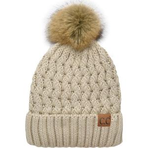 imageCC Beanie Womens Thick Cable Knit Faux Fuzzy Fur Pom Lattice Crossover Fleece Lined Skull Cap Cuff BeanieBeige