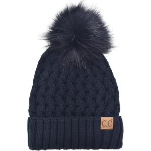 imageCC Beanie Womens Thick Cable Knit Faux Fuzzy Fur Pom Lattice Crossover Fleece Lined Skull Cap Cuff BeanieBlack Pom