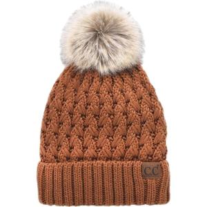imageCC Beanie Womens Thick Cable Knit Faux Fuzzy Fur Pom Lattice Crossover Fleece Lined Skull Cap Cuff BeanieClay