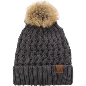 imageCC Beanie Womens Thick Cable Knit Faux Fuzzy Fur Pom Lattice Crossover Fleece Lined Skull Cap Cuff BeanieEarth Grey
