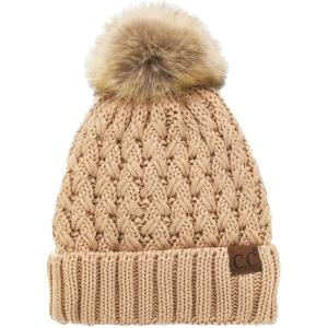 imageCC Beanie Womens Thick Cable Knit Faux Fuzzy Fur Pom Lattice Crossover Fleece Lined Skull Cap Cuff BeaniePeanut
