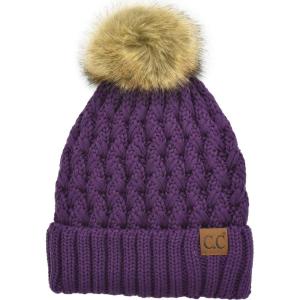 imageCC Beanie Womens Thick Cable Knit Faux Fuzzy Fur Pom Lattice Crossover Fleece Lined Skull Cap Cuff BeaniePurple