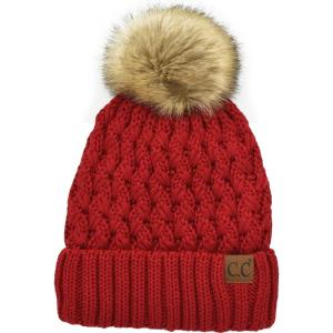 imageCC Beanie Womens Thick Cable Knit Faux Fuzzy Fur Pom Lattice Crossover Fleece Lined Skull Cap Cuff BeanieRed