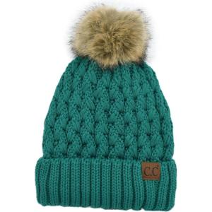 imageCC Beanie Womens Thick Cable Knit Faux Fuzzy Fur Pom Lattice Crossover Fleece Lined Skull Cap Cuff BeanieSea Green