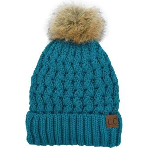 imageCC Beanie Womens Thick Cable Knit Faux Fuzzy Fur Pom Lattice Crossover Fleece Lined Skull Cap Cuff BeanieTeal