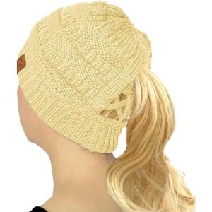 imageCC Beanie for Women Winter Hats Ponytail Hole Criss Cross Hat Messy Bun High Ponytail Knit CapAlmond Oil
