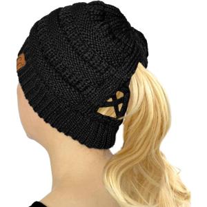 imageCC Beanie for Women Winter Hats Ponytail Hole Criss Cross Hat Messy Bun High Ponytail Knit CapBlack