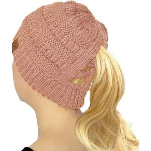 imageCC Beanie for Women Winter Hats Ponytail Hole Criss Cross Hat Messy Bun High Ponytail Knit CapIndi Pink