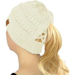imageCC Beanie for Women Winter Hats Ponytail Hole Criss Cross Hat Messy Bun High Ponytail Knit CapIvory