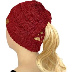 imageCC Beanie for Women Winter Hats Ponytail Hole Criss Cross Hat Messy Bun High Ponytail Knit CapMaroon