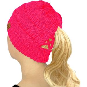 imageCC Beanie for Women Winter Hats Ponytail Hole Criss Cross Hat Messy Bun High Ponytail Knit CapNeon Hot Pink