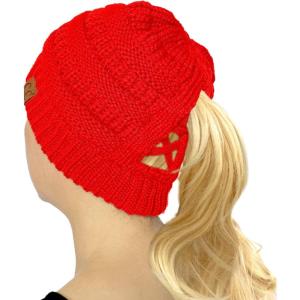 imageCC Beanie for Women Winter Hats Ponytail Hole Criss Cross Hat Messy Bun High Ponytail Knit CapRed
