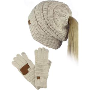 imageCC BeanieTail Messy High Bun Cable Knit Beanie and AntiSlip Touchscreen Gloves SetBeige