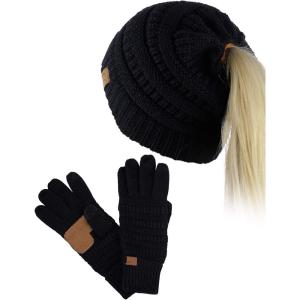 imageCC BeanieTail Messy High Bun Cable Knit Beanie and AntiSlip Touchscreen Gloves SetBlack