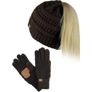 imageCC BeanieTail Messy High Bun Cable Knit Beanie and AntiSlip Touchscreen Gloves SetBrown