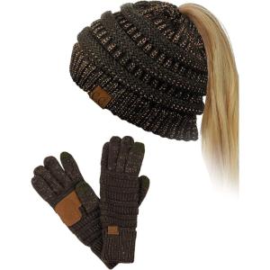 imageCC BeanieTail Messy High Bun Cable Knit Beanie and AntiSlip Touchscreen Gloves SetBrown Metallic