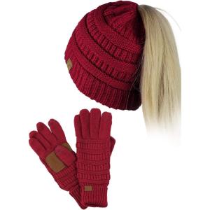 imageCC BeanieTail Messy High Bun Cable Knit Beanie and AntiSlip Touchscreen Gloves SetBurgundy