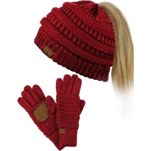 imageCC BeanieTail Messy High Bun Cable Knit Beanie and AntiSlip Touchscreen Gloves SetBurgundy Metallic