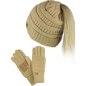 imageCC BeanieTail Messy High Bun Cable Knit Beanie and AntiSlip Touchscreen Gloves SetCamel