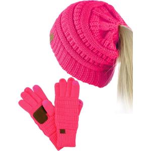 imageCC BeanieTail Messy High Bun Cable Knit Beanie and AntiSlip Touchscreen Gloves SetCandy Pink