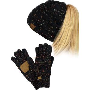 imageCC BeanieTail Messy High Bun Cable Knit Beanie and AntiSlip Touchscreen Gloves SetConfetti Black