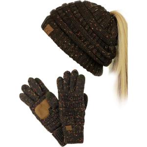 imageCC BeanieTail Messy High Bun Cable Knit Beanie and AntiSlip Touchscreen Gloves SetConfetti Brown