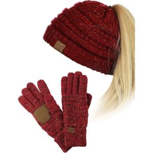 imageCC BeanieTail Messy High Bun Cable Knit Beanie and AntiSlip Touchscreen Gloves SetConfetti Burgundy