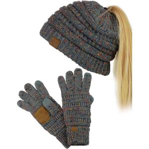 imageCC BeanieTail Messy High Bun Cable Knit Beanie and AntiSlip Touchscreen Gloves SetConfetti Dark Melange Gray