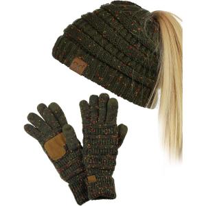 imageCC BeanieTail Messy High Bun Cable Knit Beanie and AntiSlip Touchscreen Gloves SetConfetti Dark Olive