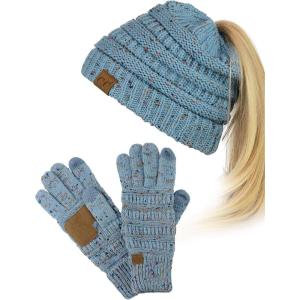 imageCC BeanieTail Messy High Bun Cable Knit Beanie and AntiSlip Touchscreen Gloves SetConfetti Denim
