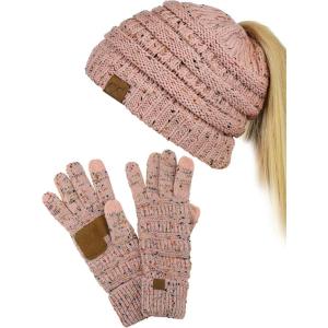 imageCC BeanieTail Messy High Bun Cable Knit Beanie and AntiSlip Touchscreen Gloves SetConfetti Indi Pink
