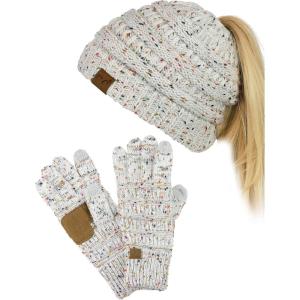 imageCC BeanieTail Messy High Bun Cable Knit Beanie and AntiSlip Touchscreen Gloves SetConfetti Ivory