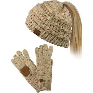 imageCC BeanieTail Messy High Bun Cable Knit Beanie and AntiSlip Touchscreen Gloves SetConfetti Latte