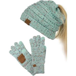 imageCC BeanieTail Messy High Bun Cable Knit Beanie and AntiSlip Touchscreen Gloves SetConfetti Mint
