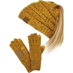 imageCC BeanieTail Messy High Bun Cable Knit Beanie and AntiSlip Touchscreen Gloves SetConfetti Mustard