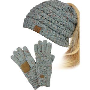 imageCC BeanieTail Messy High Bun Cable Knit Beanie and AntiSlip Touchscreen Gloves SetConfetti Natural Gray